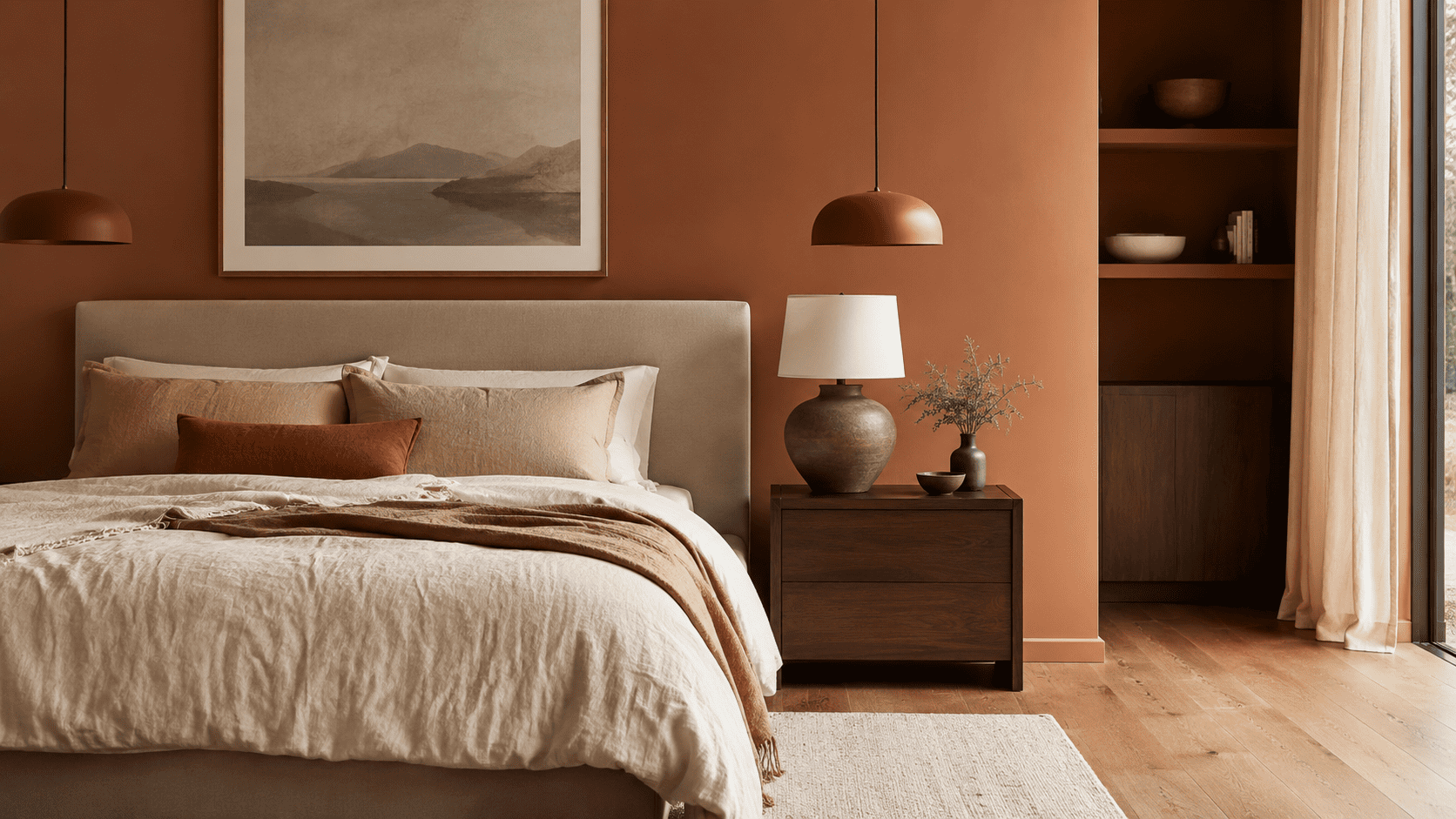 Chambre terracotta et bois avec tête de lit chaleureuse, table de chevet en bois foncé et lampe design.