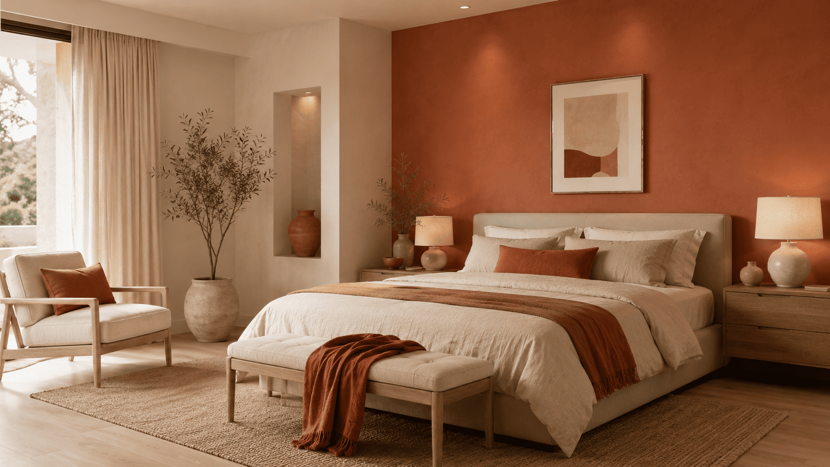 Chambre terracotta équilibrée avec palette maîtrisée, matières naturelles et décoration sans surcharge.