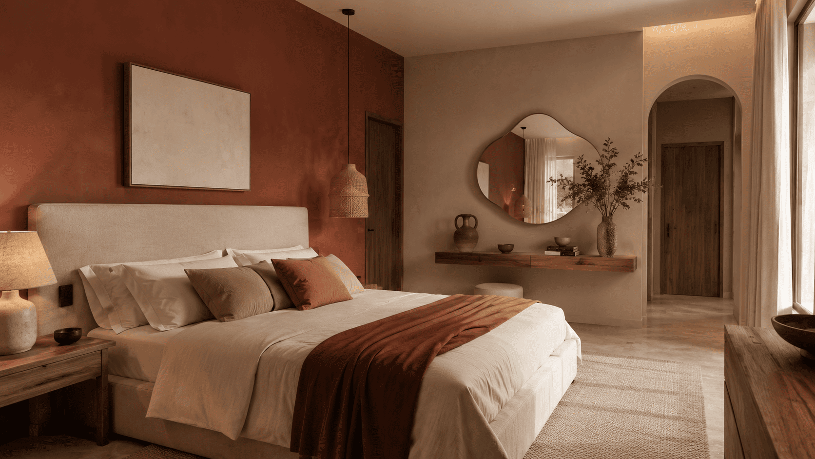 Chambre terracotta chaleureuse et contemporaine avec bois, beige, lin et lumière douce.