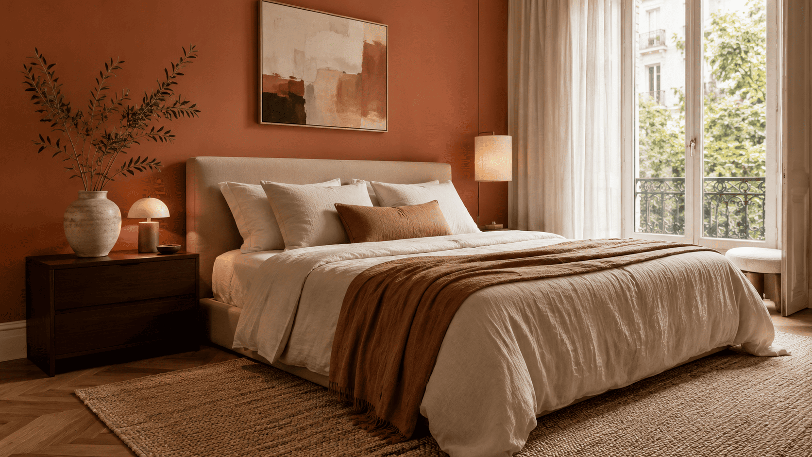 Chambre terracotta contemporaine avec linge de lit naturel, bois foncé, lampe douce et décoration enveloppante.