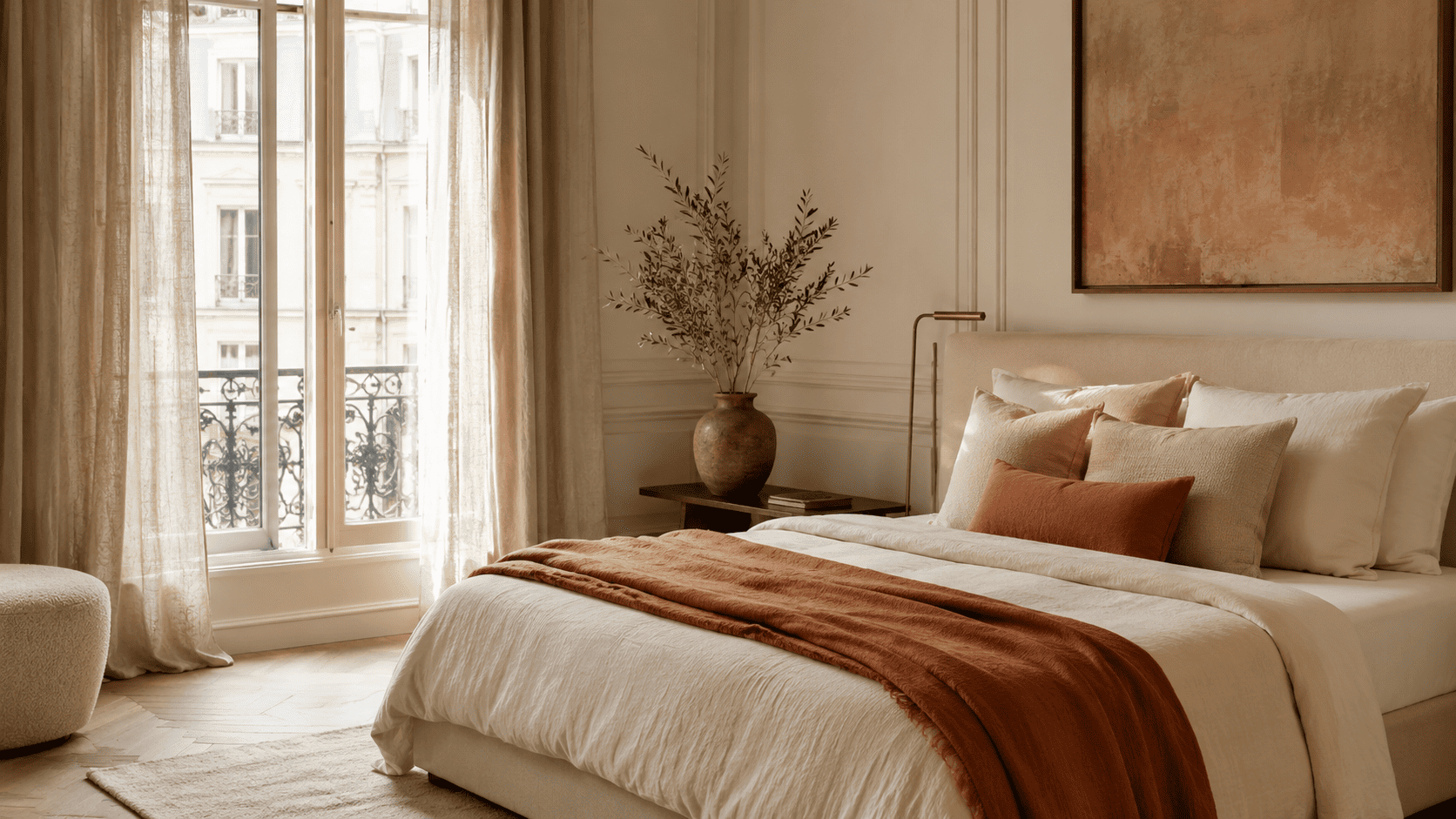 Chambre terracotta et lin avec rideaux naturels, housse de couette texturée et lumière douce.