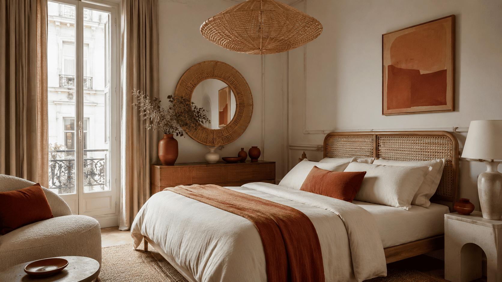 Chambre terracotta et rotin avec suspension naturelle, miroir organique et matières bohèmes.