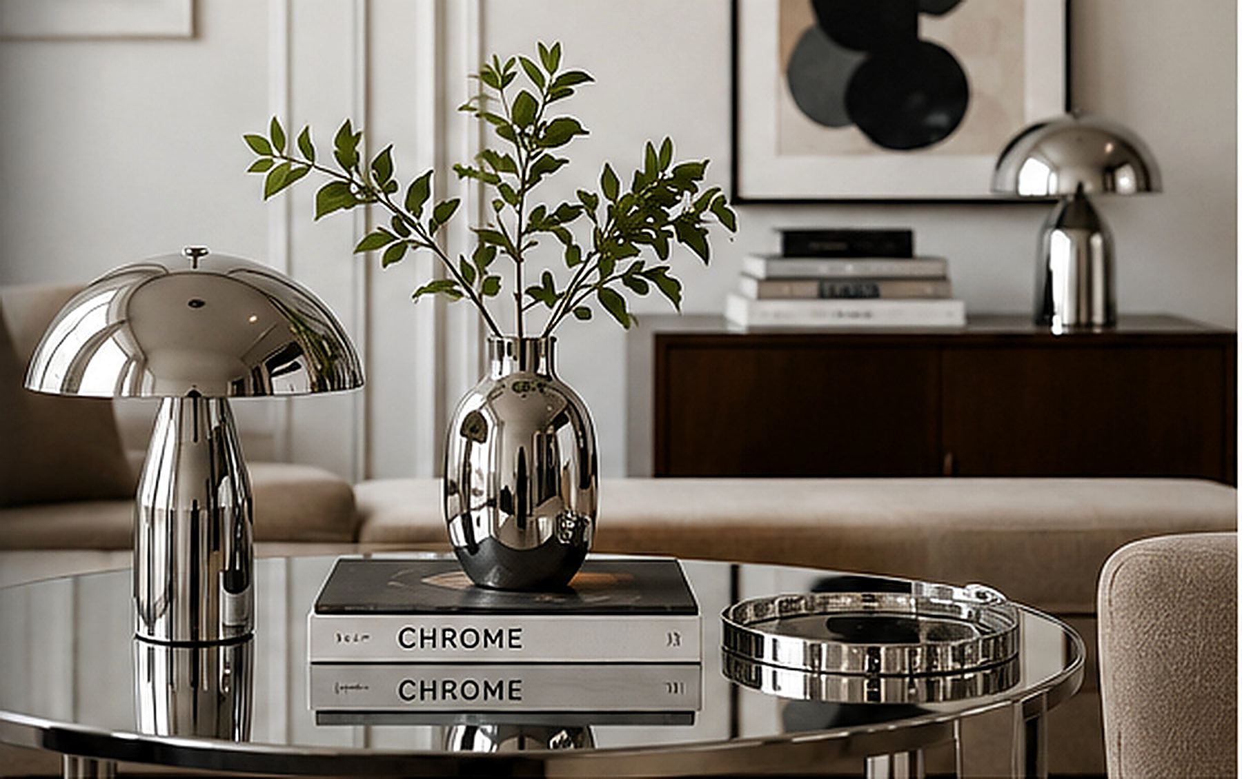 Salon contemporain chaleureux avec lampe et objets chromés sur une table basse, canapé crème et meuble en bois foncé.