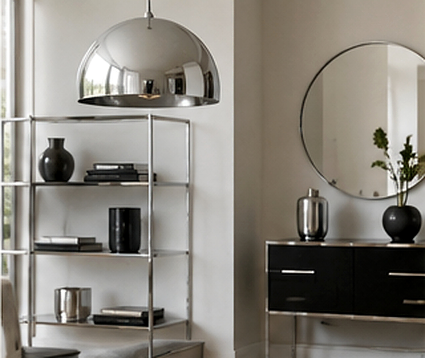 Étagère et miroir aux accents chromés dans un intérieur clair et contemporain.