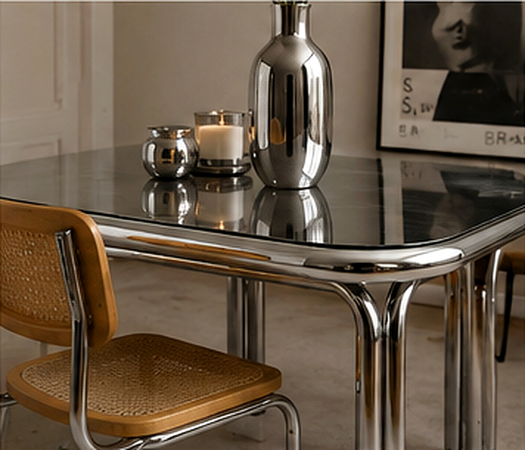 Table aux pieds chromés associée à une chaise en bois et cannage dans une salle à manger contemporaine.
