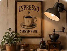 Affiche rétro de café accompagnée d’une lampe noire et d’un ancien moulin.