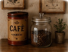 Bocaux à café et boîtes émaillées réunis dans une composition vintage.