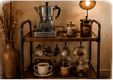 Desserte vintage à deux niveaux aménagée en coffee corner mobile.