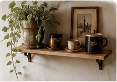 Petite étagère murale en bois avec tasses, plantes et accessoires de café.