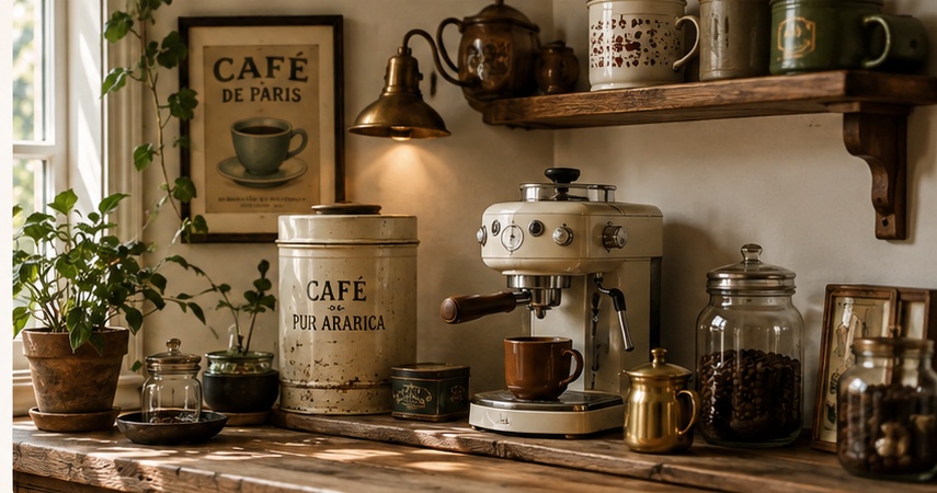 Coin café vintage chaleureux avec machine à café rétro, étagère en bois, bocaux et lumière naturelle.