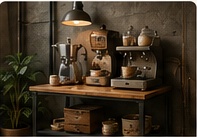 Coin café vintage industriel avec machine sombre, bois brut, métal noir et lumière chaude.
