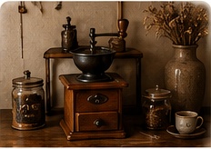Moulin à café ancien en bois présenté avec bocaux et céramiques.
