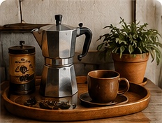 Plateau vintage en bois avec cafetière moka, tasse et petite plante.