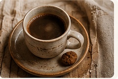 Tasse de café en céramique artisanale posée sur une soucoupe et un textile naturel.