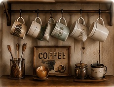 Tasses en céramique dépareillées exposées sur des crochets dans un coin café vintage.