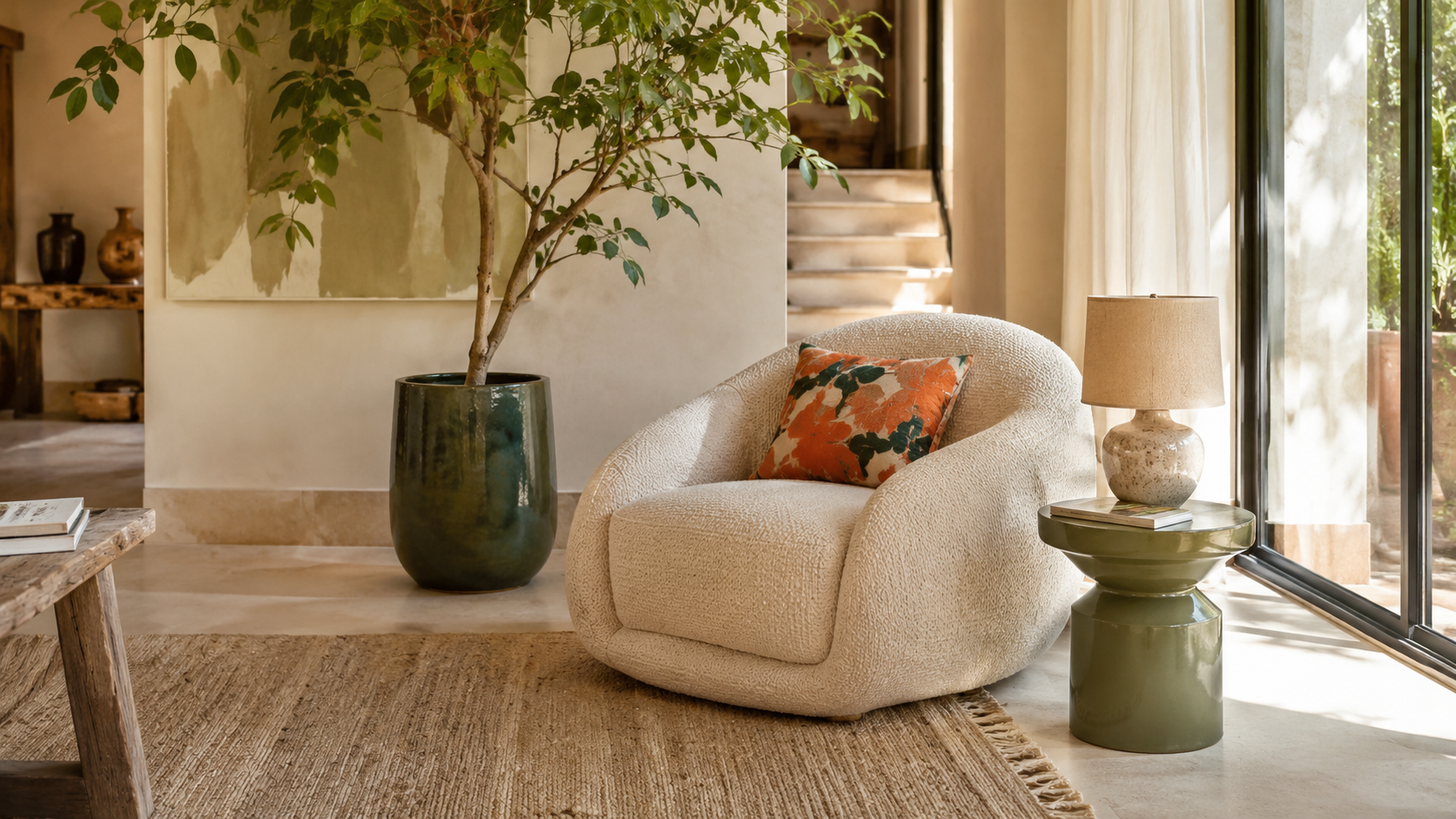Coin lecture contemporain avec fauteuil texturé, plante en cache-pot design et touches colorées pour créer une ambiance vacances à la maison.