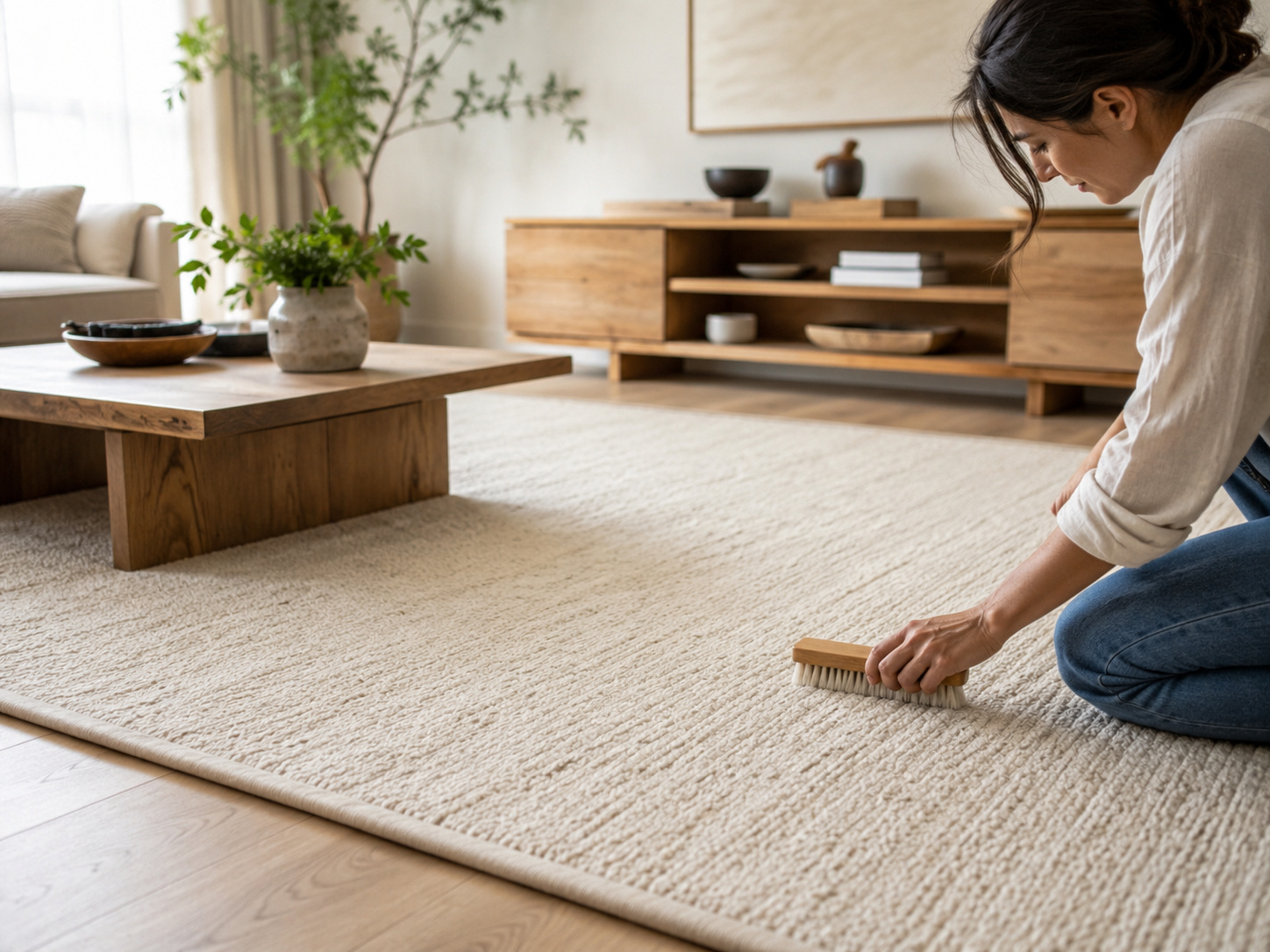 Salon lumineux avec grand tapis clair soigneusement entretenu et mobilier en bois.