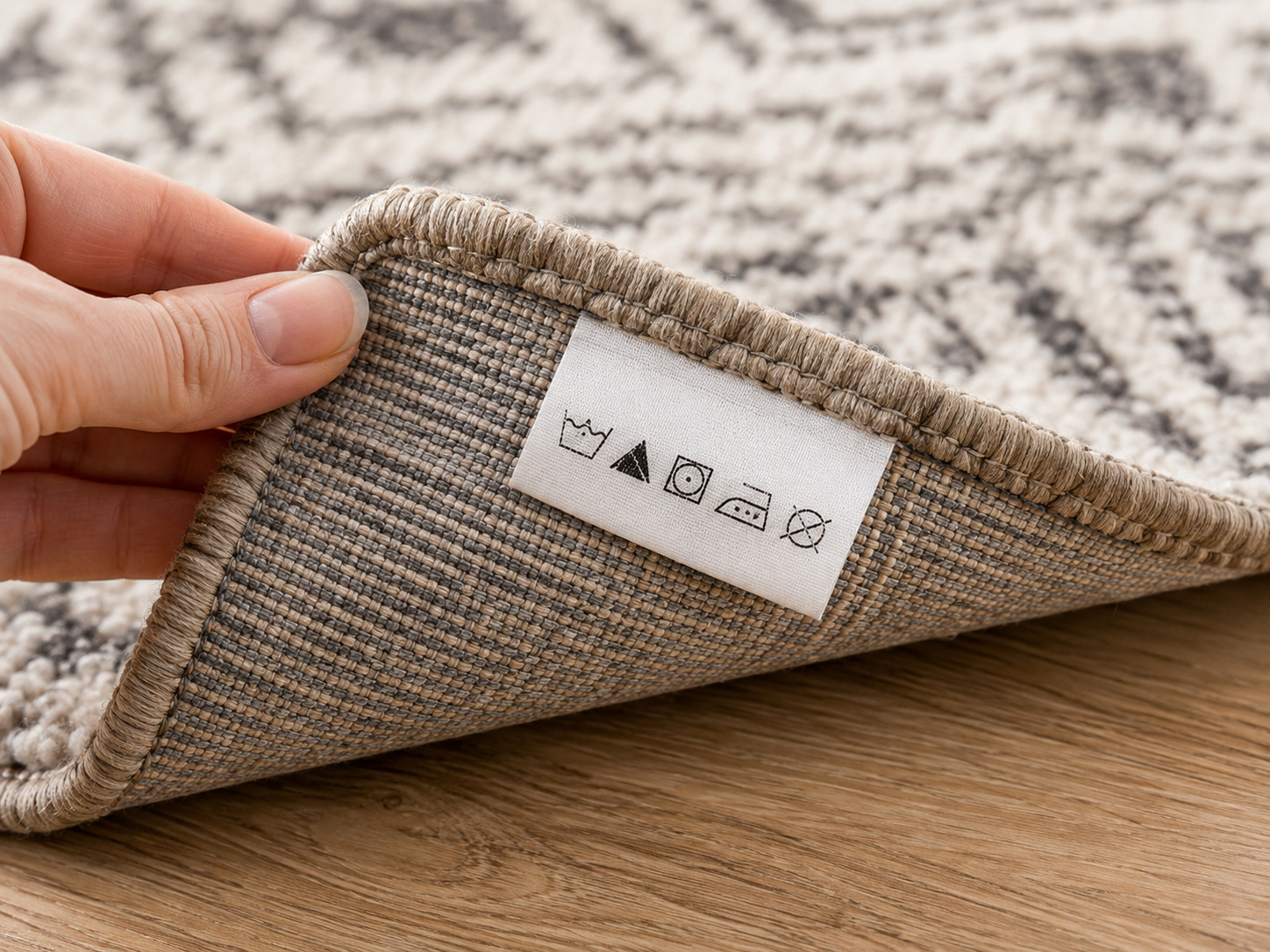 Étiquette d’entretien cousue sous un tapis avec symboles de lavage à vérifier avant le nettoyage.