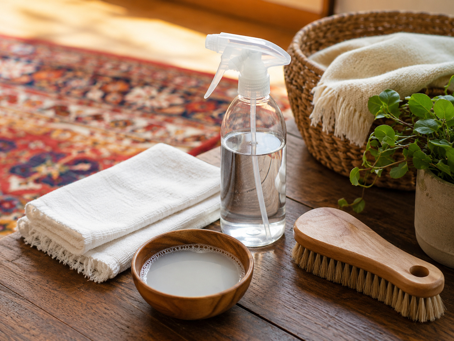 Nécessaire d’entretien doux pour tapis avec chiffon, savon et vaporisateur posé sur une table en bois.