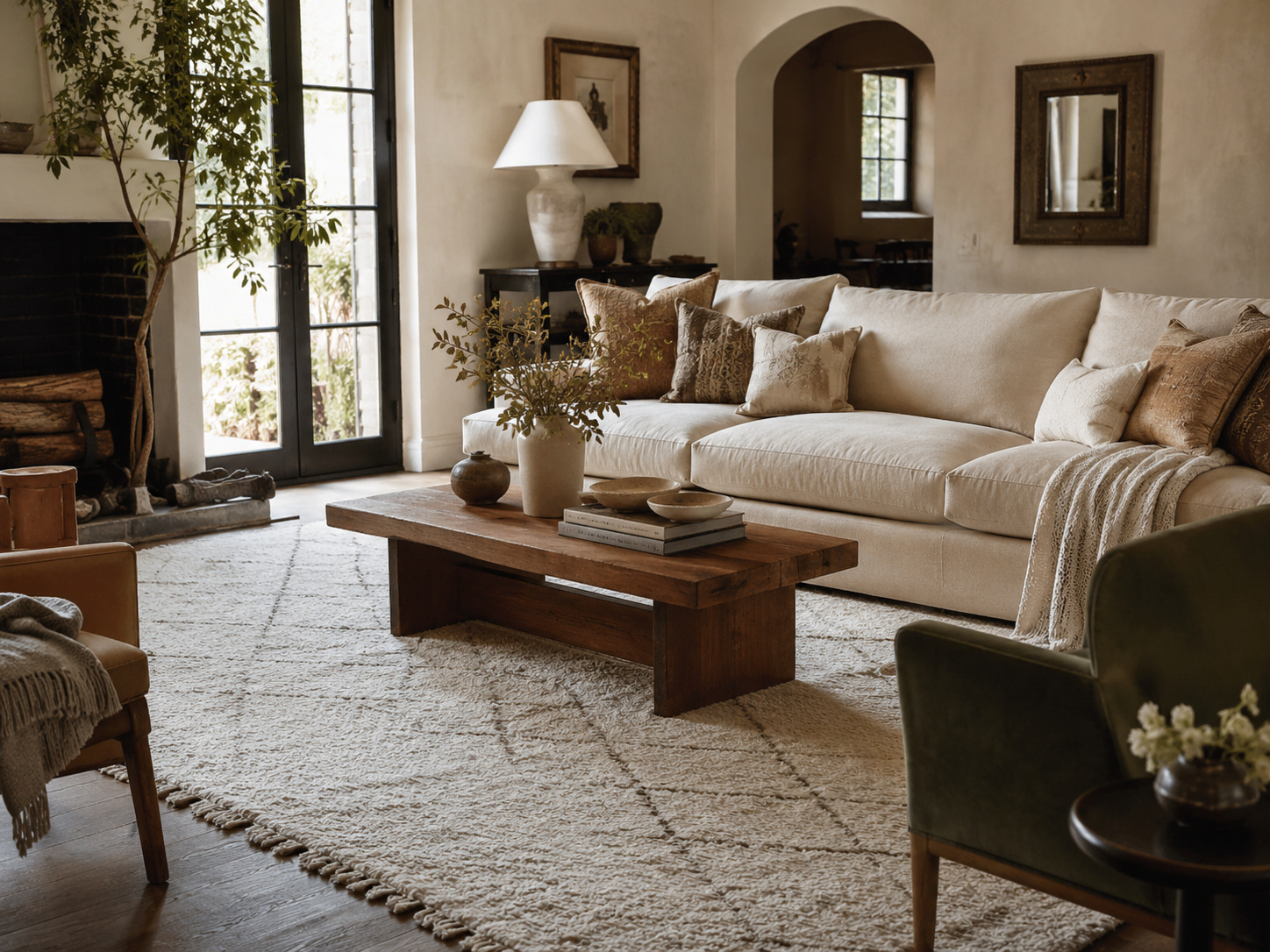 Salon chaleureux avec grand tapis clair, canapé beige et table basse en bois.