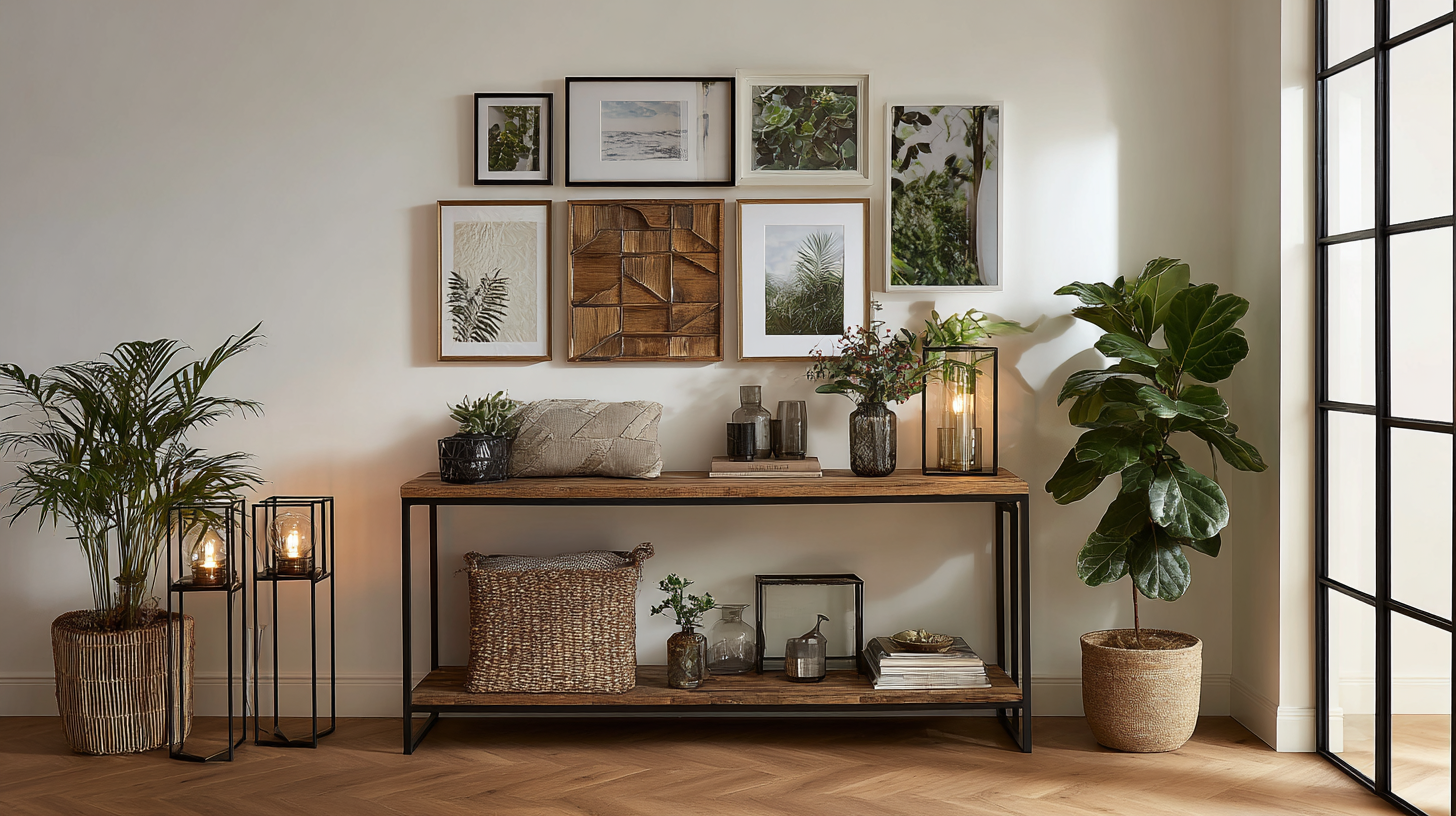 Composition de cadres photo originaux sur étagère murale et console, mur-galerie évolutif avec objets déco