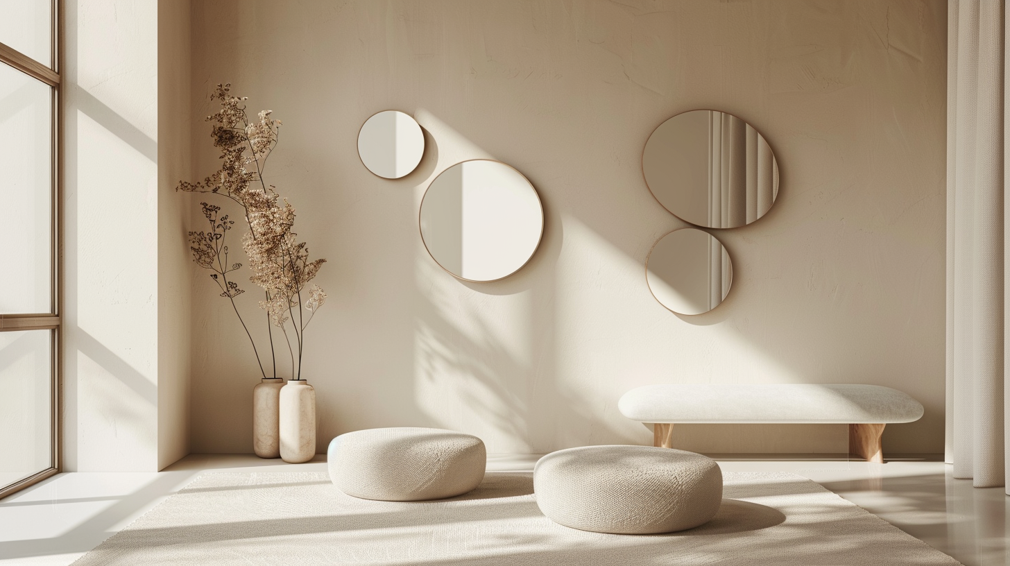 Composition de plusieurs petits miroirs muraux de formes variées sur un mur de salon aux tons clairs