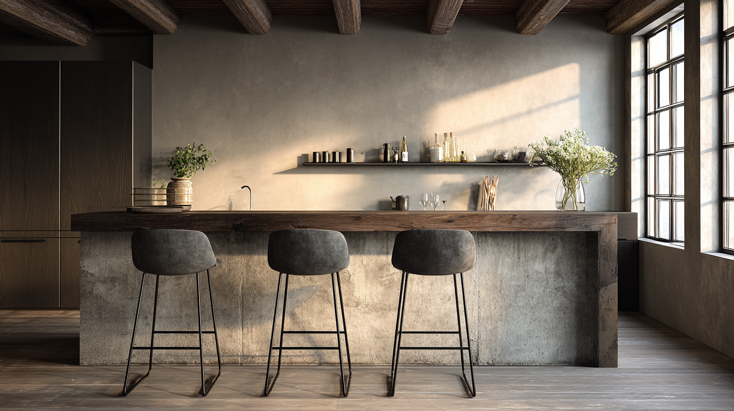 Détail de tabourets de bar avec repose-pieds, dossier et assise confortable autour d'un comptoir