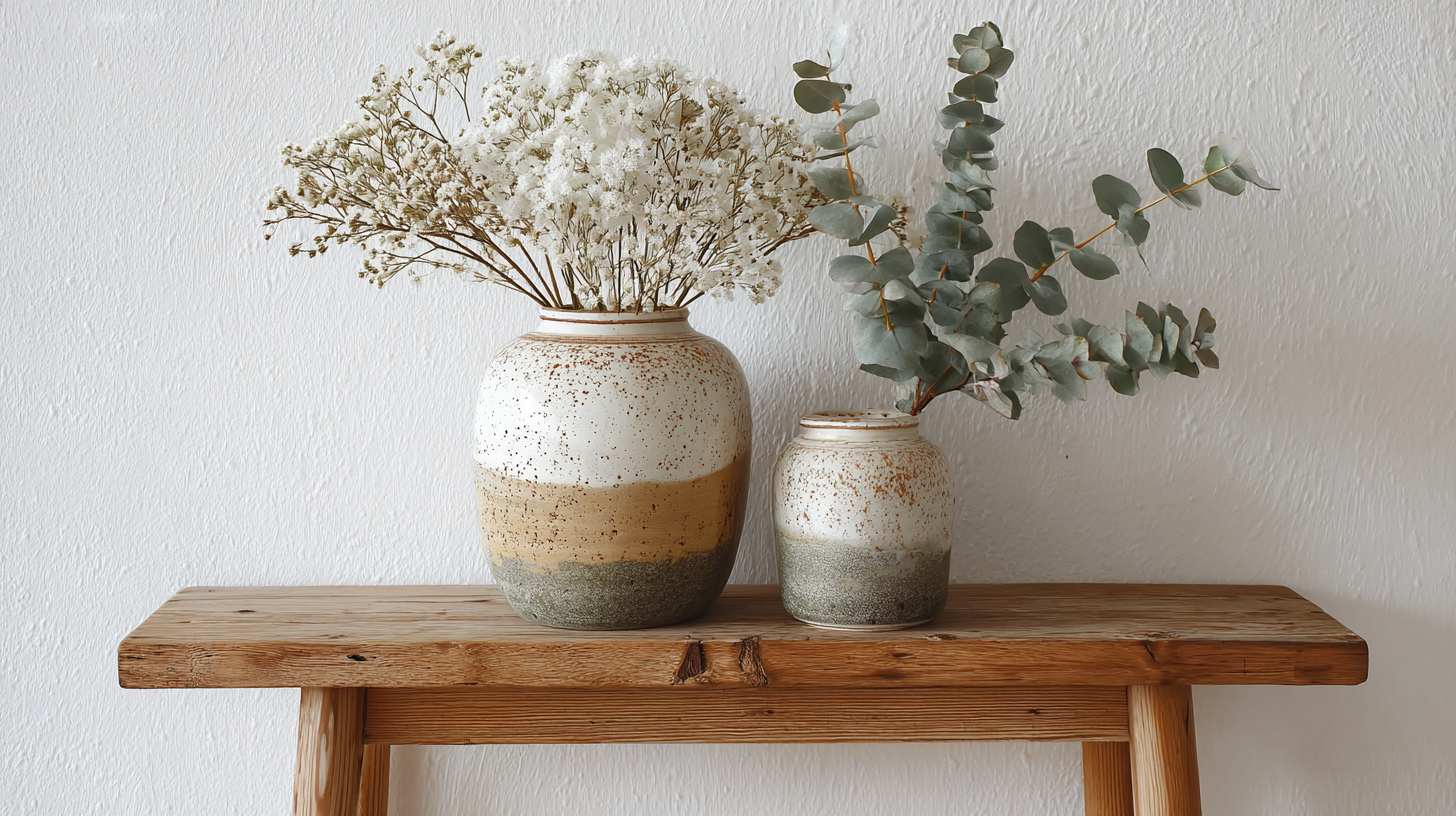 Console printanière avec deux vases en céramique, l'un avec des branches de fleurs fraîches, l'autre avec des tiges d'eucalyptus, ambiance naturelle et légère