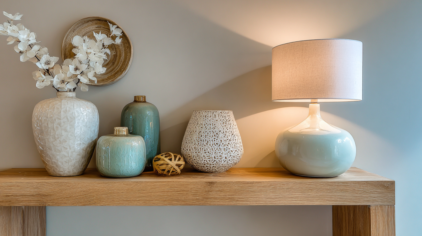 Console réaménagée avec des objets déjà présents dans la maison déplacés et repositionnés — vase, lampe et objet déco — effet de renouveau sans achat