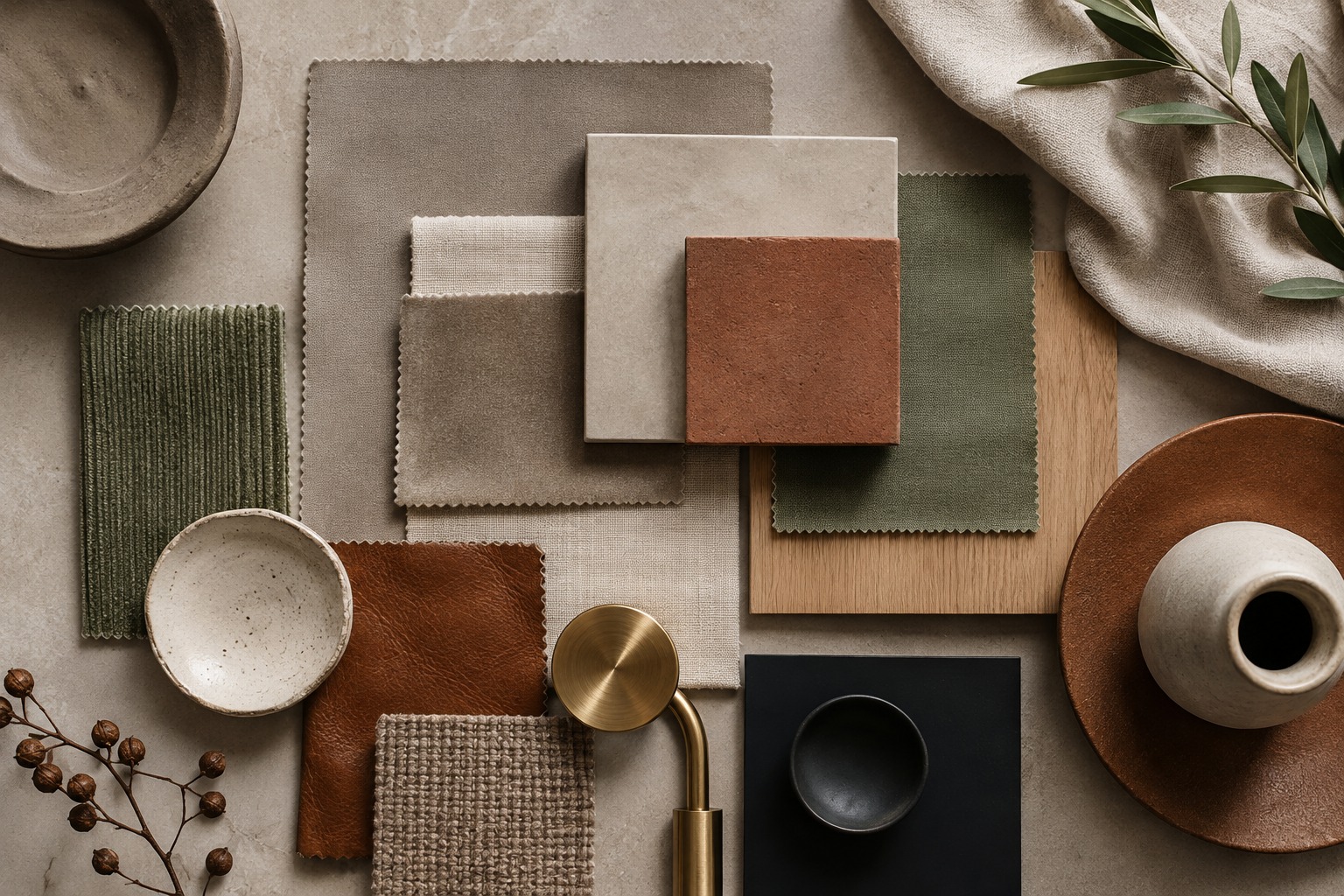 Moodboard grège avec tissu, bois clair, terracotta, vert sauge et laiton