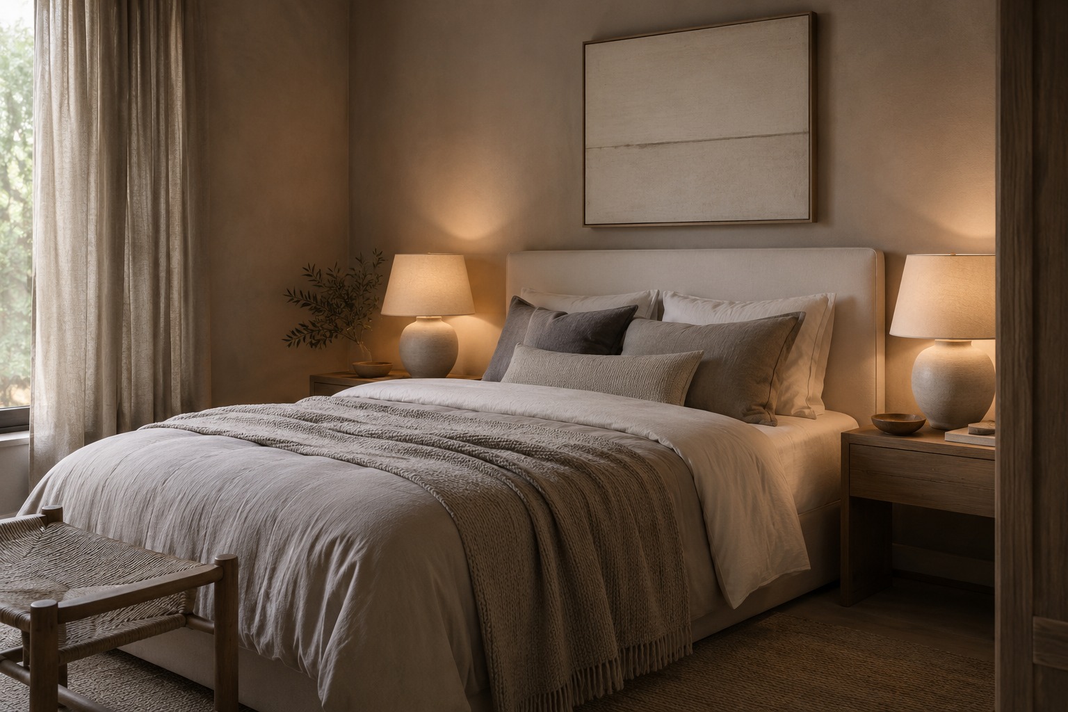 Chambre grège apaisante avec linge de lit texturé et lampes de chevet