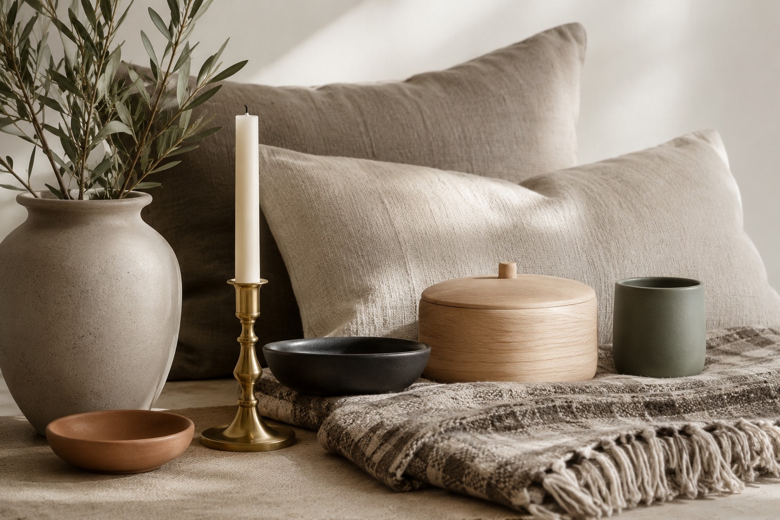 Détails déco grège avec céramique, coussins et bougeoir en laiton