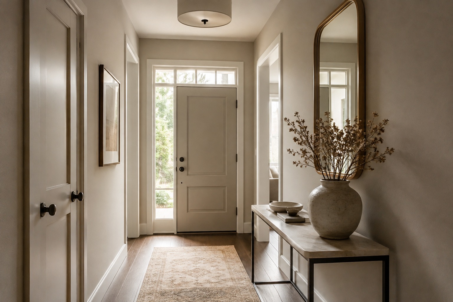 Entrée en grège clair avec console, miroir et vase décoratif