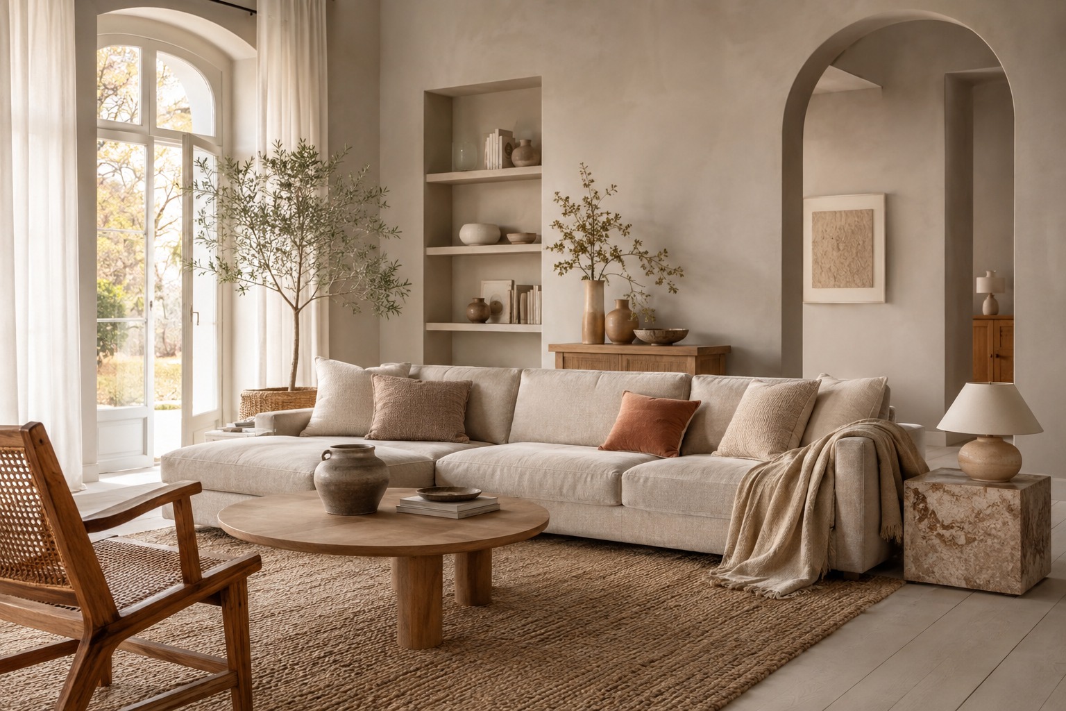 Salon lumineux décoré dans des tons grège, beige et bois clair
