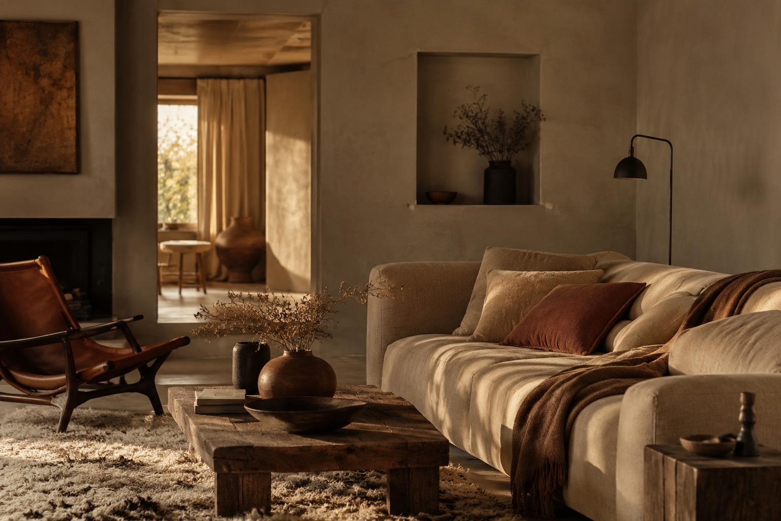 Salon chaleureux en grège chaud avec accents cognac et terracotta