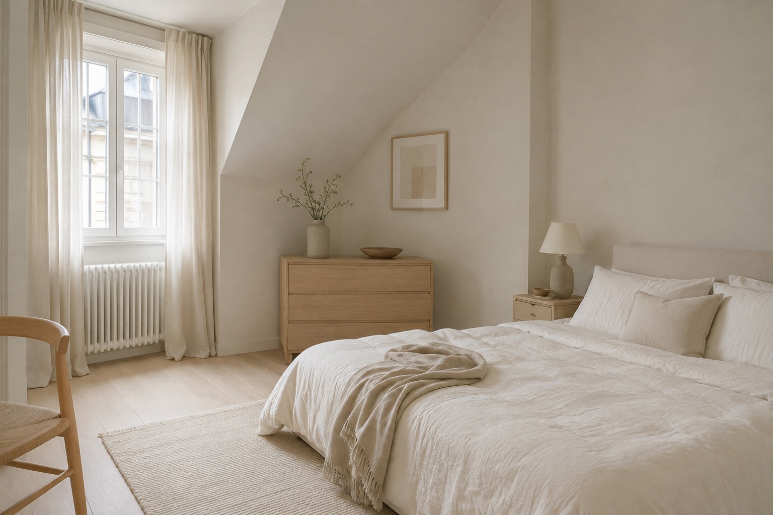 Chambre lumineuse en grège clair, blanc cassé et bois clair