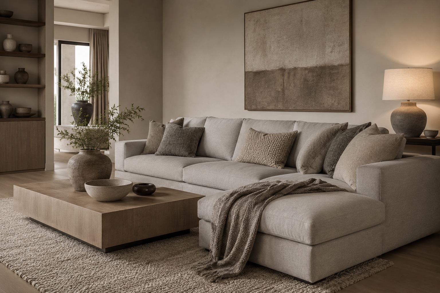 Salon en grège avec canapé clair, tapis texturé et accents cognac