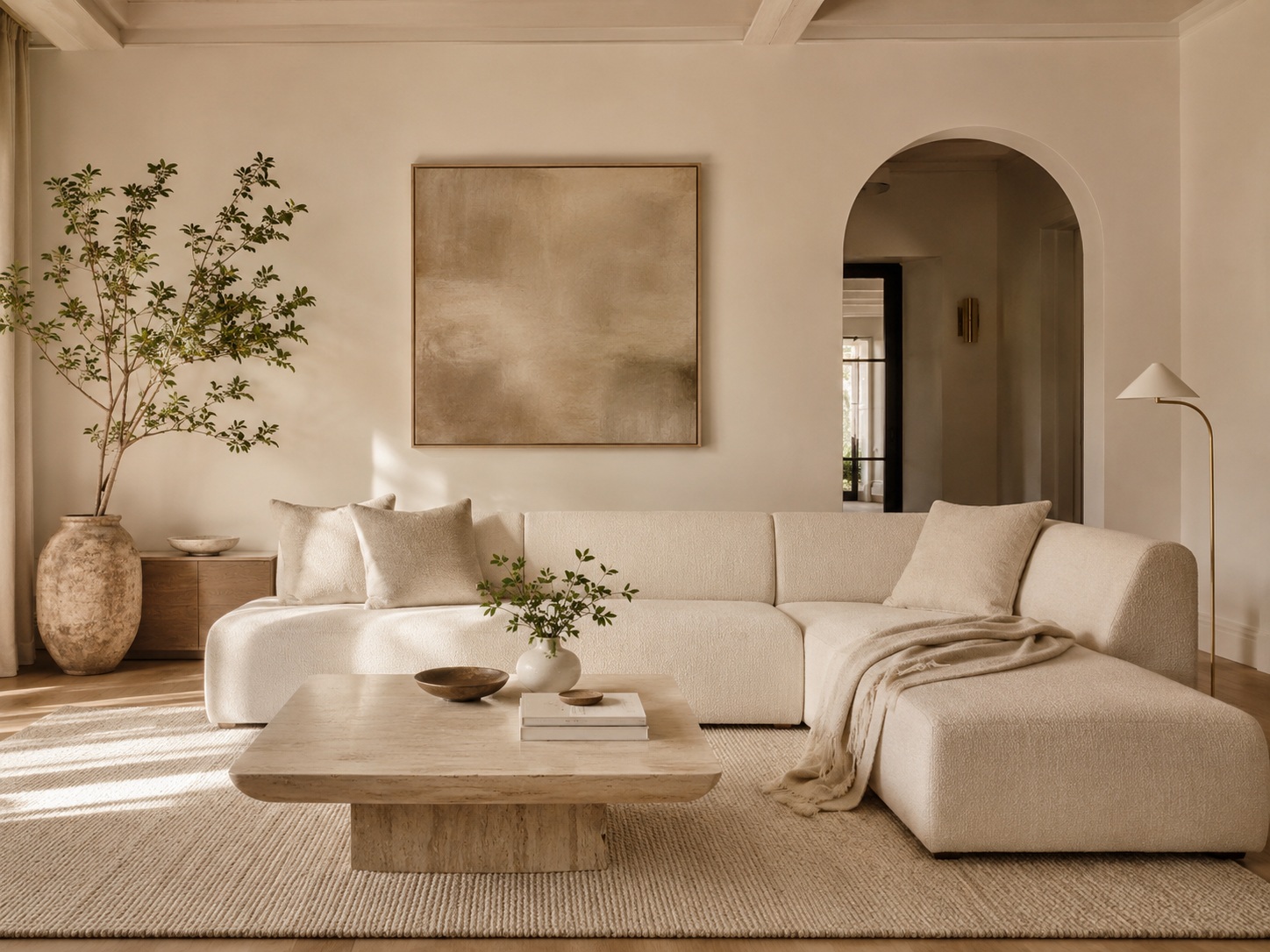 Salon minimaliste dans un camaïeu de blanc chaud et beige sable.