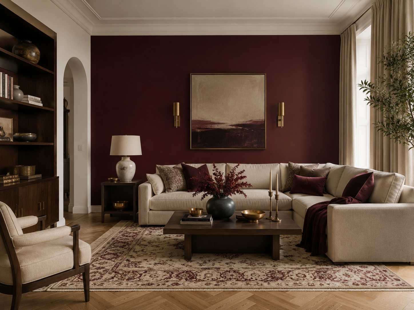 Salon élégant avec mur bordeaux, canapé clair et accents en laiton.