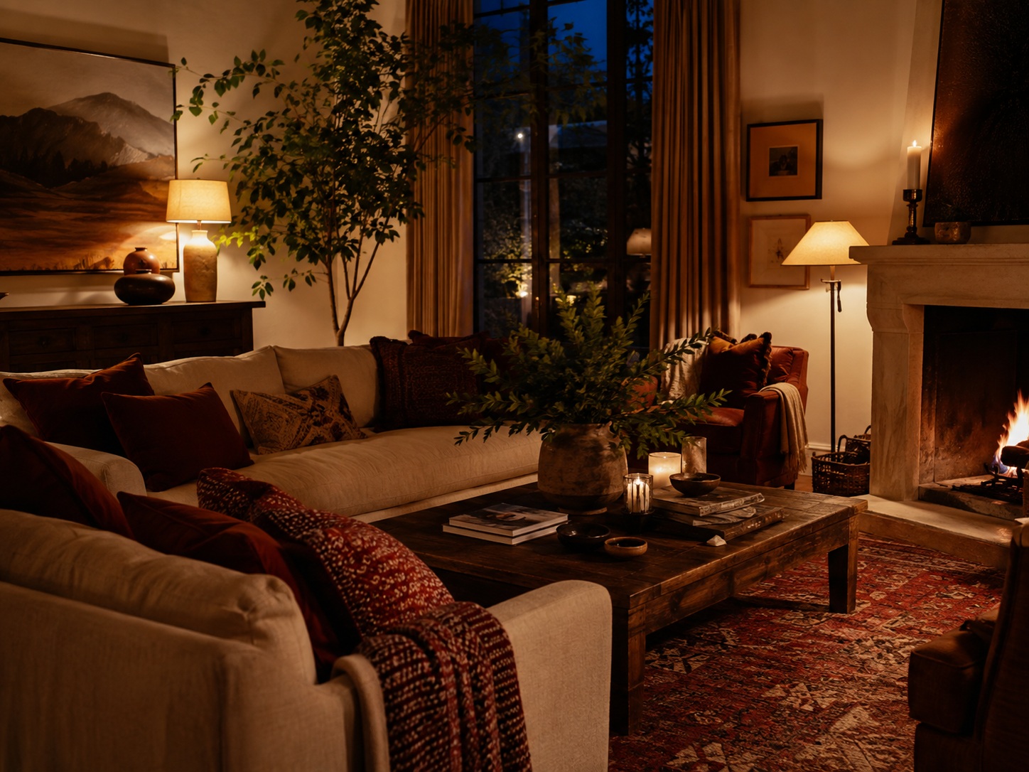 Salon chaleureux en soirée avec cheminée, lampes et palette rouge brun.