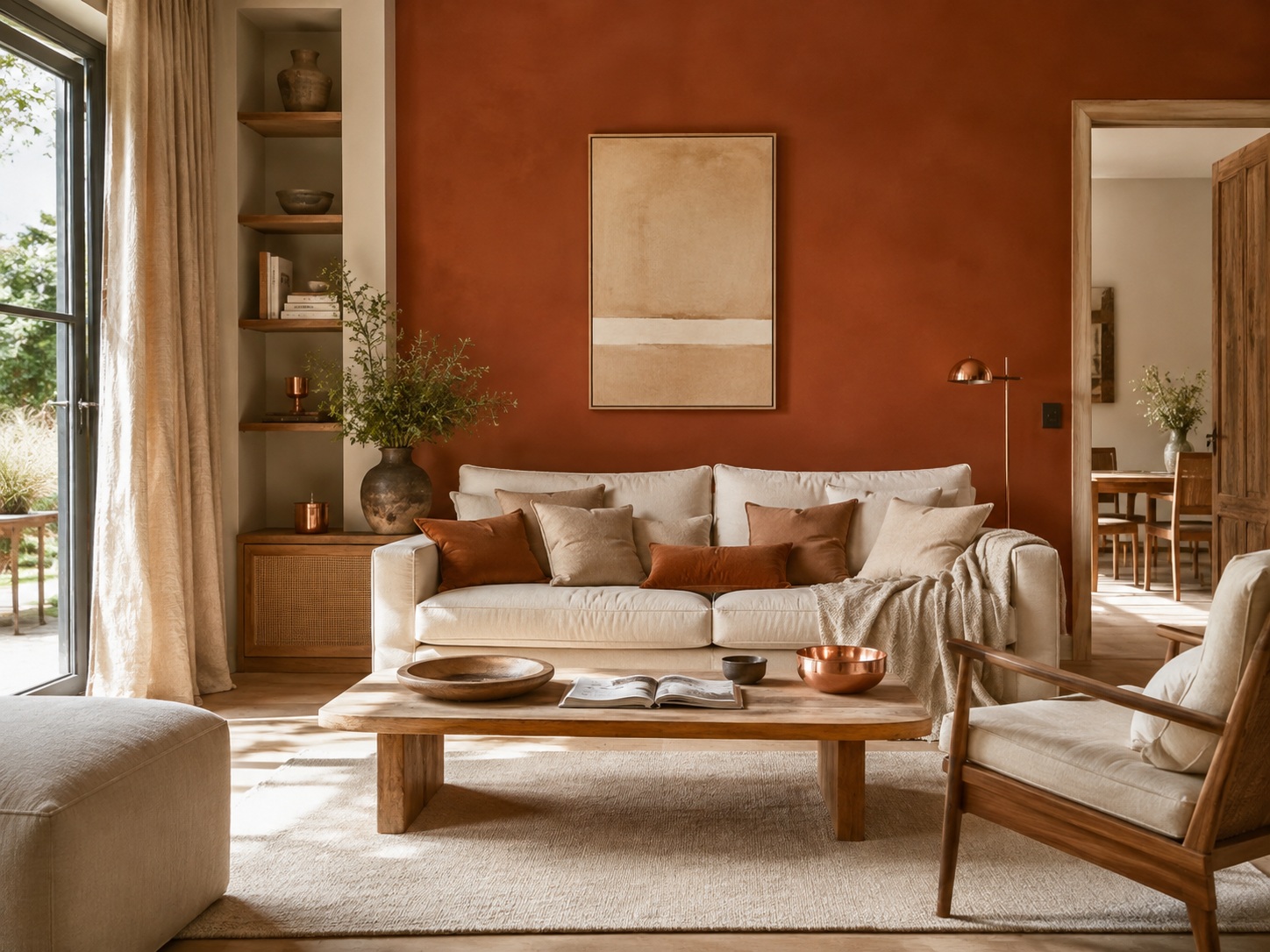 Salon aux couleurs chaudes avec mur terracotta, bois et canapé clair