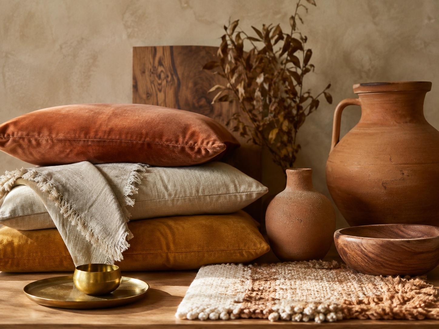 Palette de matières chaudes avec coussins terracotta, céramiques et fibres naturelles.