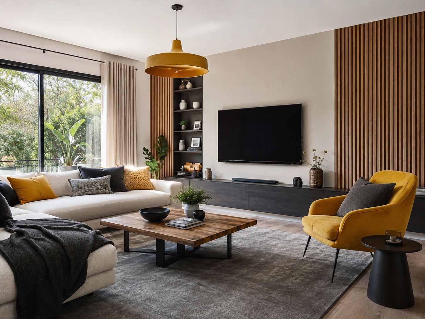 Salon contemporain réveillé par des touches de jaune moutarde et de bois chaud.
