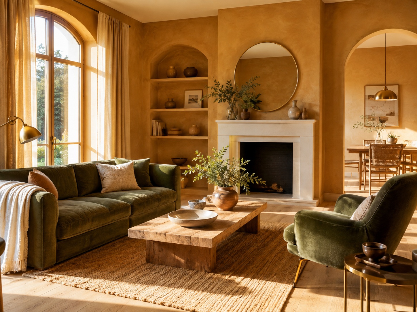 Salon ocre et miel baigné de lumière avec canapé vert sauge et bois naturel.