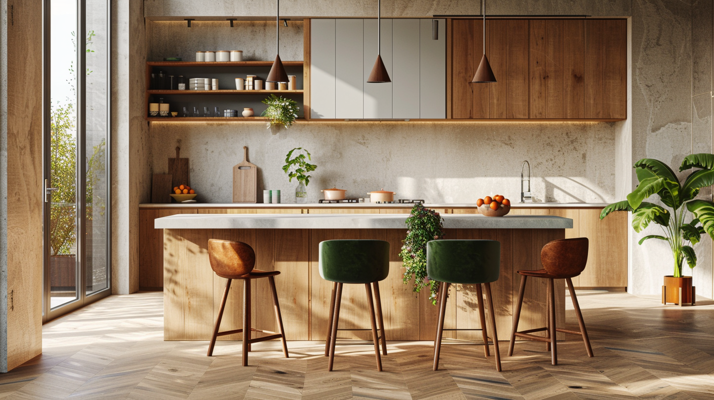 Cuisine contemporaine avec tabourets de bar terracotta, vert profond et bleu nuit illustrant les tendances couleurs décoration 2026 – Histoires Singulières