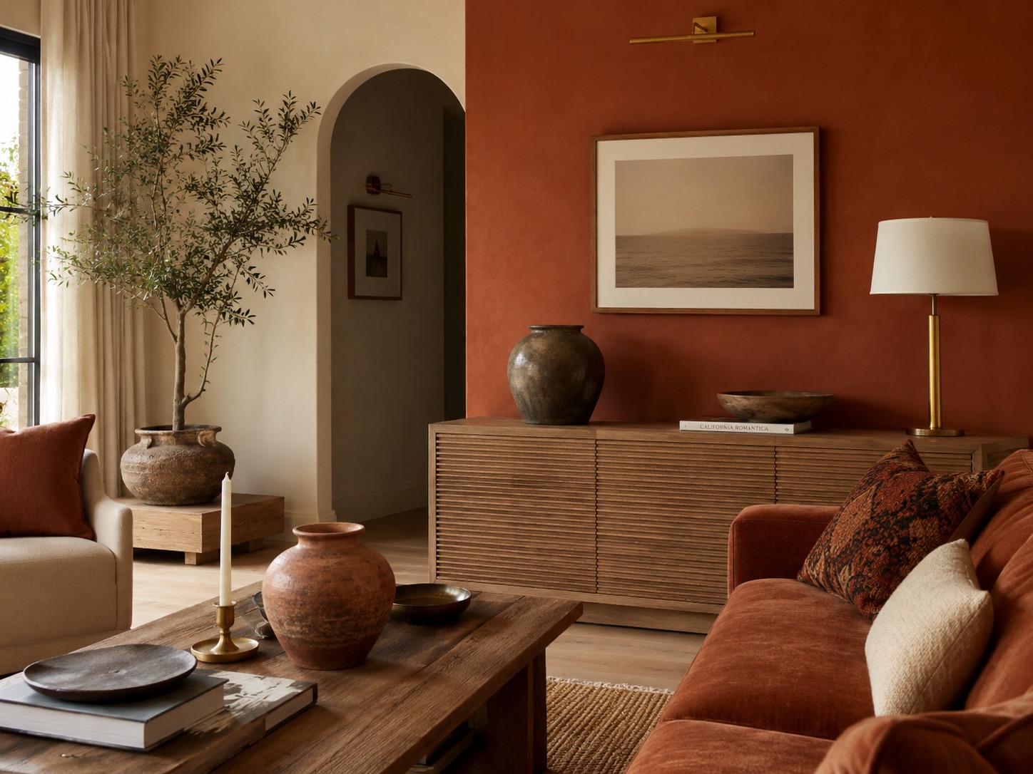 Salon aux tons terracotta, bois et couleurs chaudes pour l’automne 2026