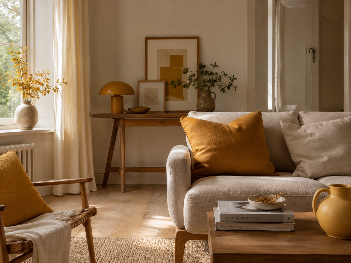 Salon lumineux aux accents ocre et moutarde avec mobilier en bois clair et textiles doux.