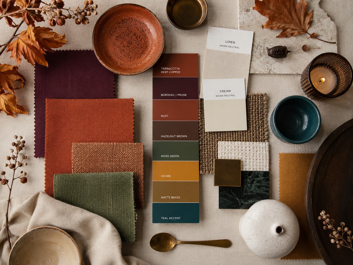 Palette de matières et de couleurs automne 2026 avec tissus, céramiques, laiton et teintes chaudes.