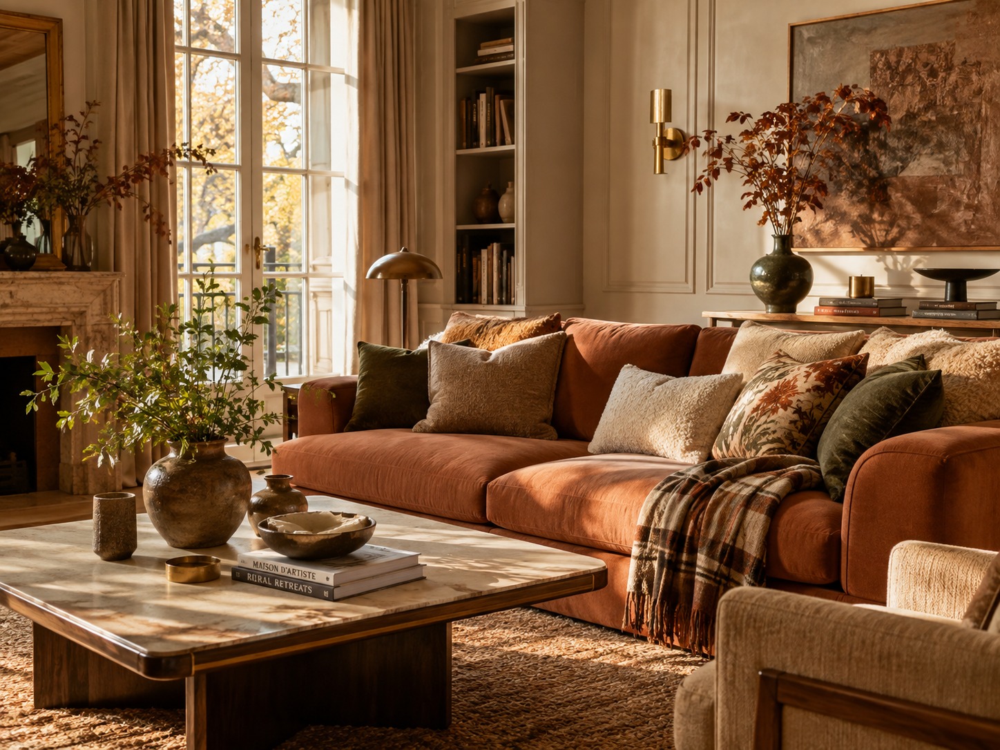 Salon avec mur terracotta profond, canapé chaud et mobilier en bois naturel.