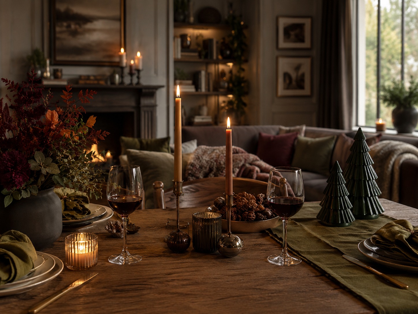 Table automnale élégante avec bougies, vert mousse et bordeaux, parfaite pour glisser vers une déco de Noël chaleureuse.